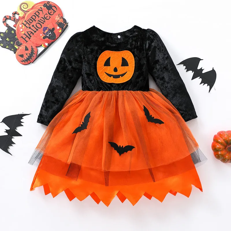 Halloween Toddler Kids Girls Dress Pumpkin Bat Pattern Multi-Layered Mesh Tulle Patchwork Dress Party Round Neck Dress