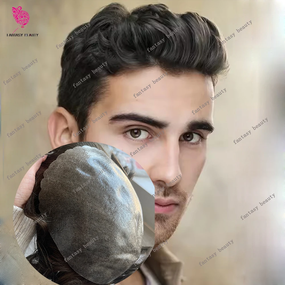 

Natural Hairline #2 Dark Brown Black Blond Super Durable Thin Male Toupee Microskin Human Hair Wig grey 1B80 Capillary Prosthesi