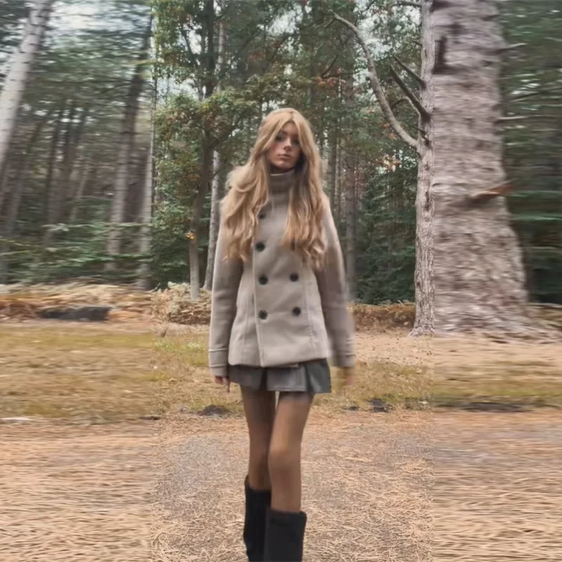 Stand Collar Winter Jacket for Women Double Breasted Pockets Coat Slim Waist Cinched Outwear 2025 New Fashion Lady Woolen Coats