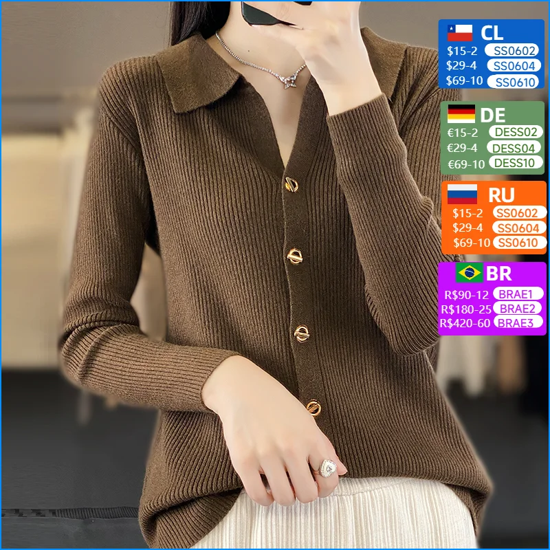 

Women Merino Wool Sweater Polo Collar Tailored Cardigan Autumn Winter New Fashion Knitwear Casual Slim Soft Jacket Basic Tops