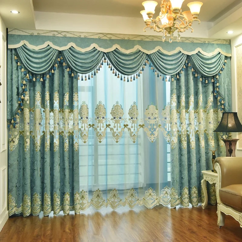 European Blue Luxury Curtains for Living Room Bedroom Blackout Embroidered Tulle Ding Room Chenille Thickened Villa Decoration