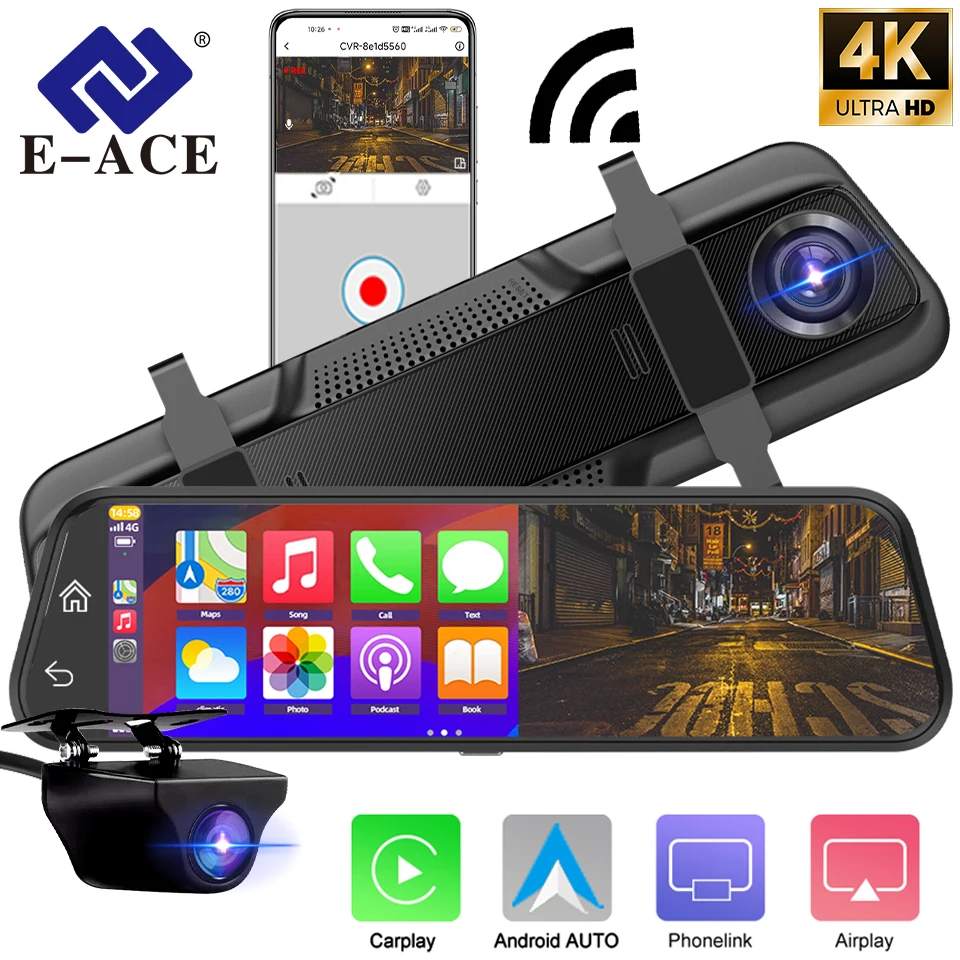 4K Dash Cam Wireless Carplay & Android Auto 10” Car Mirror  Video Recorder Dual Lens Black Box Car Dvr WIFI GPS Navigation