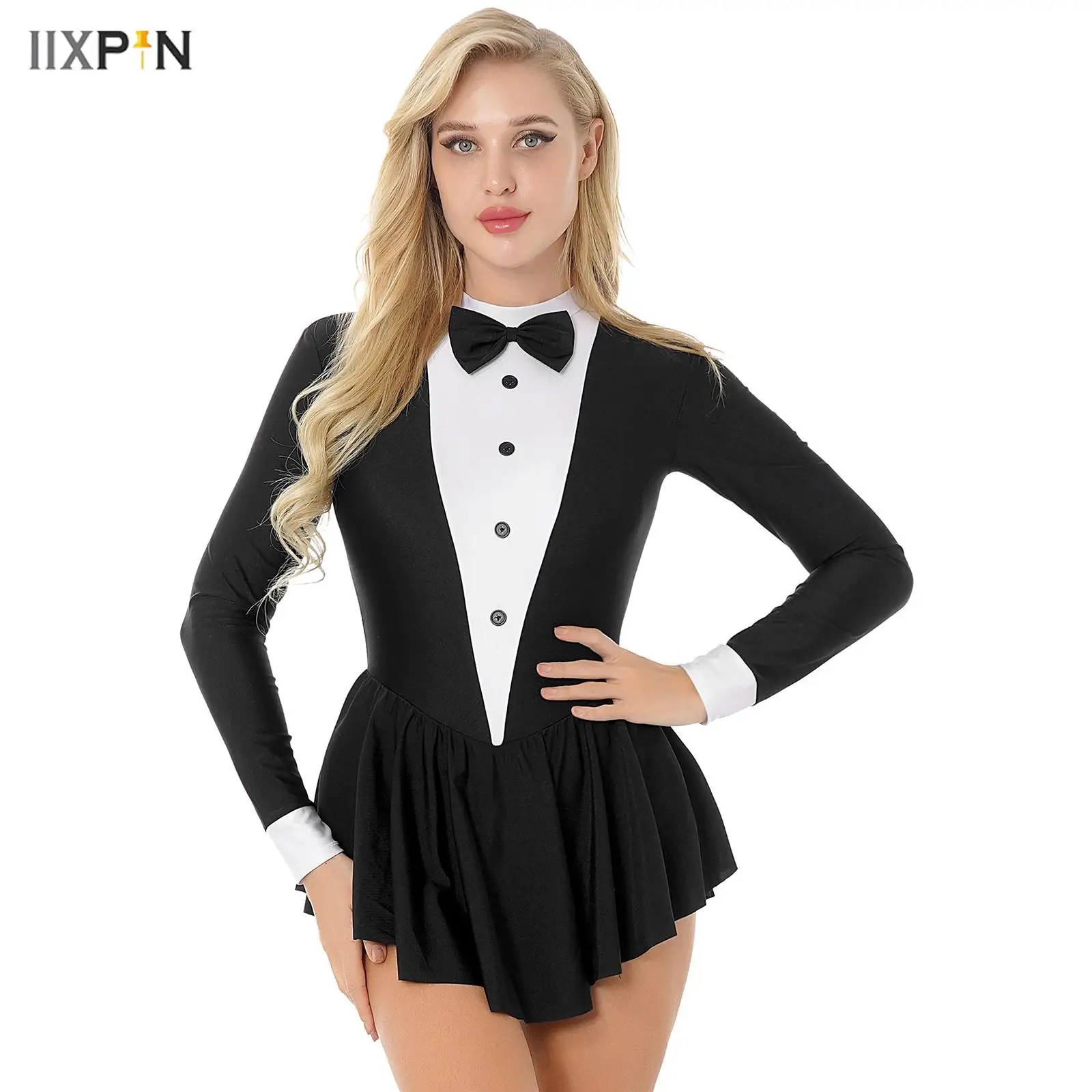 Womens Waitress Tuxedo Long Sleeve Contrast Color Bowknot Ruffle Leotards Dress for Halloween Nightclub Party Cosplay Costume