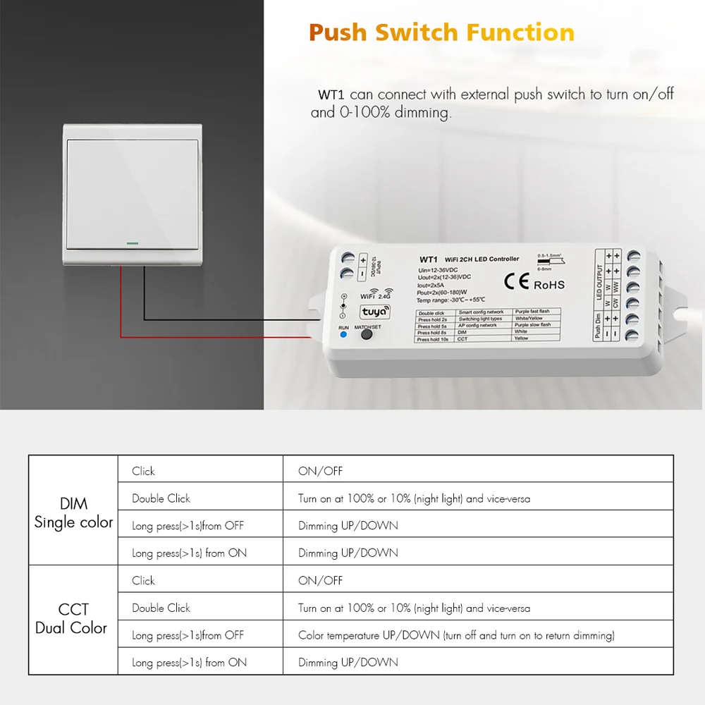 2in1 WiFi Smart LED Dimmer Controller 12V 24V COB Single color CCT Strip Light Tuya Smart Life APP Voice Control fr Alexa Google