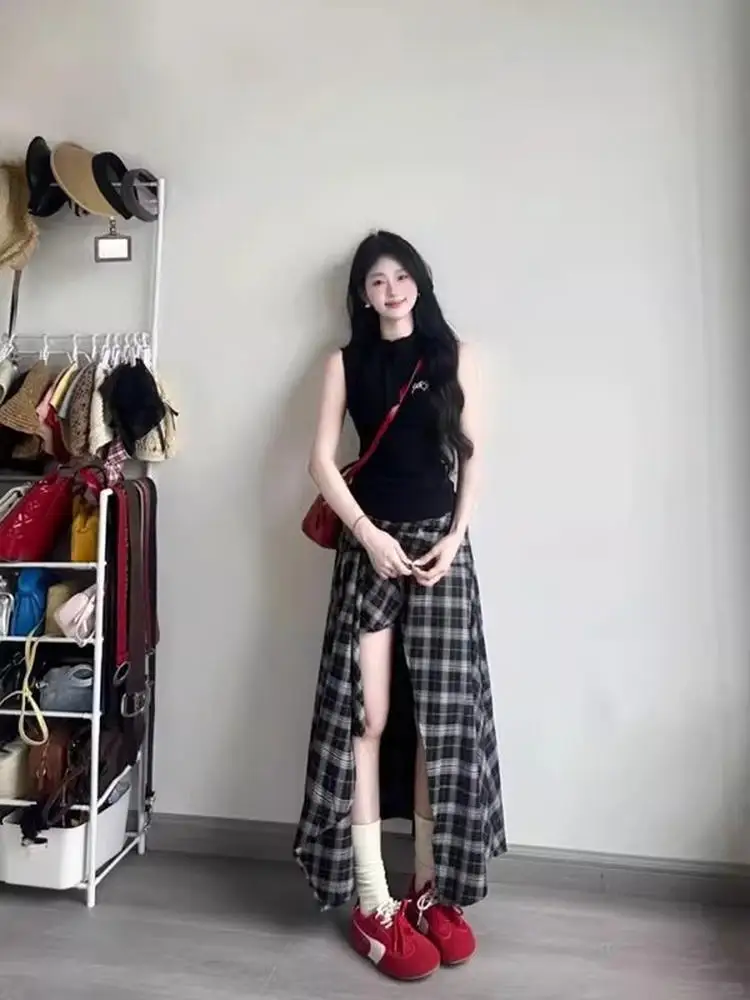 Spicy Girl Irregular Plaid Midi Skirt Women's Summer New Design Sensation Small Fork Mid-Length Skirts Korean Style High Wais...