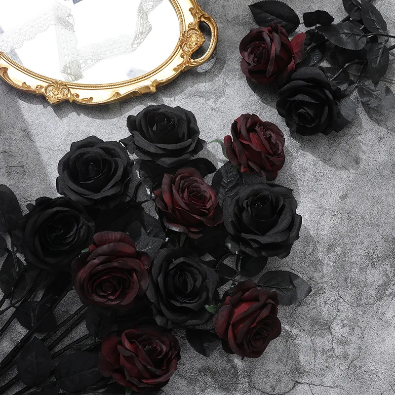 5/10/20pcs 5types Black Silk Artificial Rose Flower Halloween Gothic Flowers Wedding Home Party Fake Flower Decor