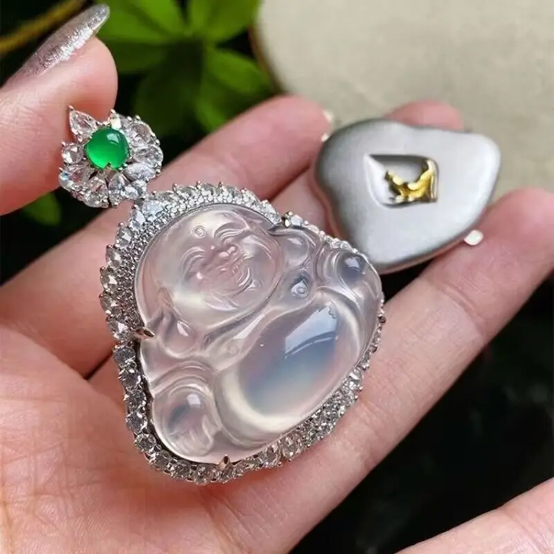 Silver Plated Inlaid Ice-like White Chalcedony Light Luxury High-Profile Figure Buddha Pendant White Agate Women's Jade Maitreya