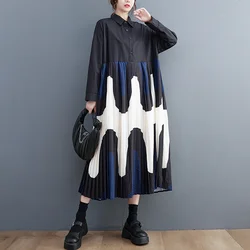 #4090 Button Front Shirt Dress Women Turn-down Collar Loose Printed A-line Pleated Midi Dresses Ladies Long Sleeve Korean Style