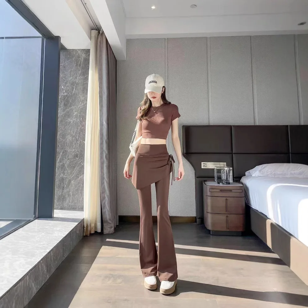 2025 New Drawstring Micro-flared Pants High Waist and Thin Sports Micro-pull Pants Skirt
