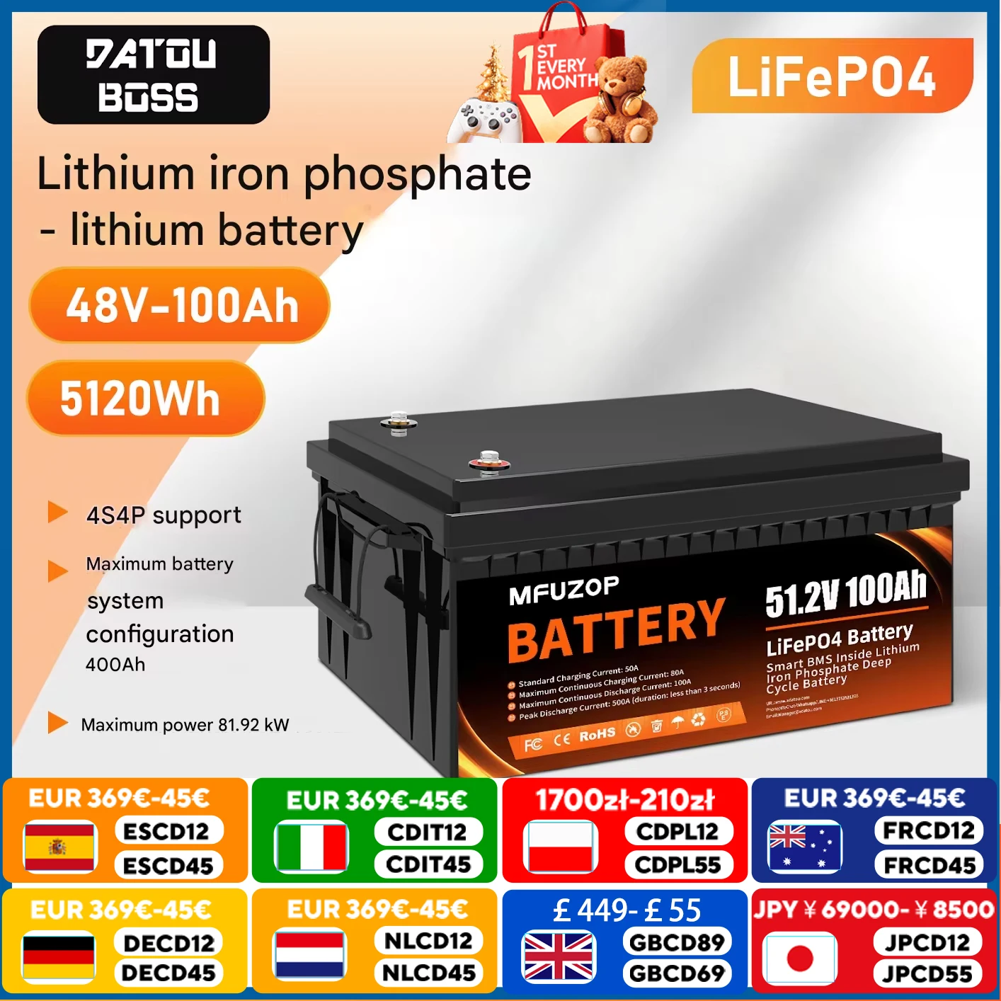 

DATOUBOSS 48V LiFePO4 battery 100Ah 5120W Deep cycle Built-in battery management system (BMS)Suitable for solar systems