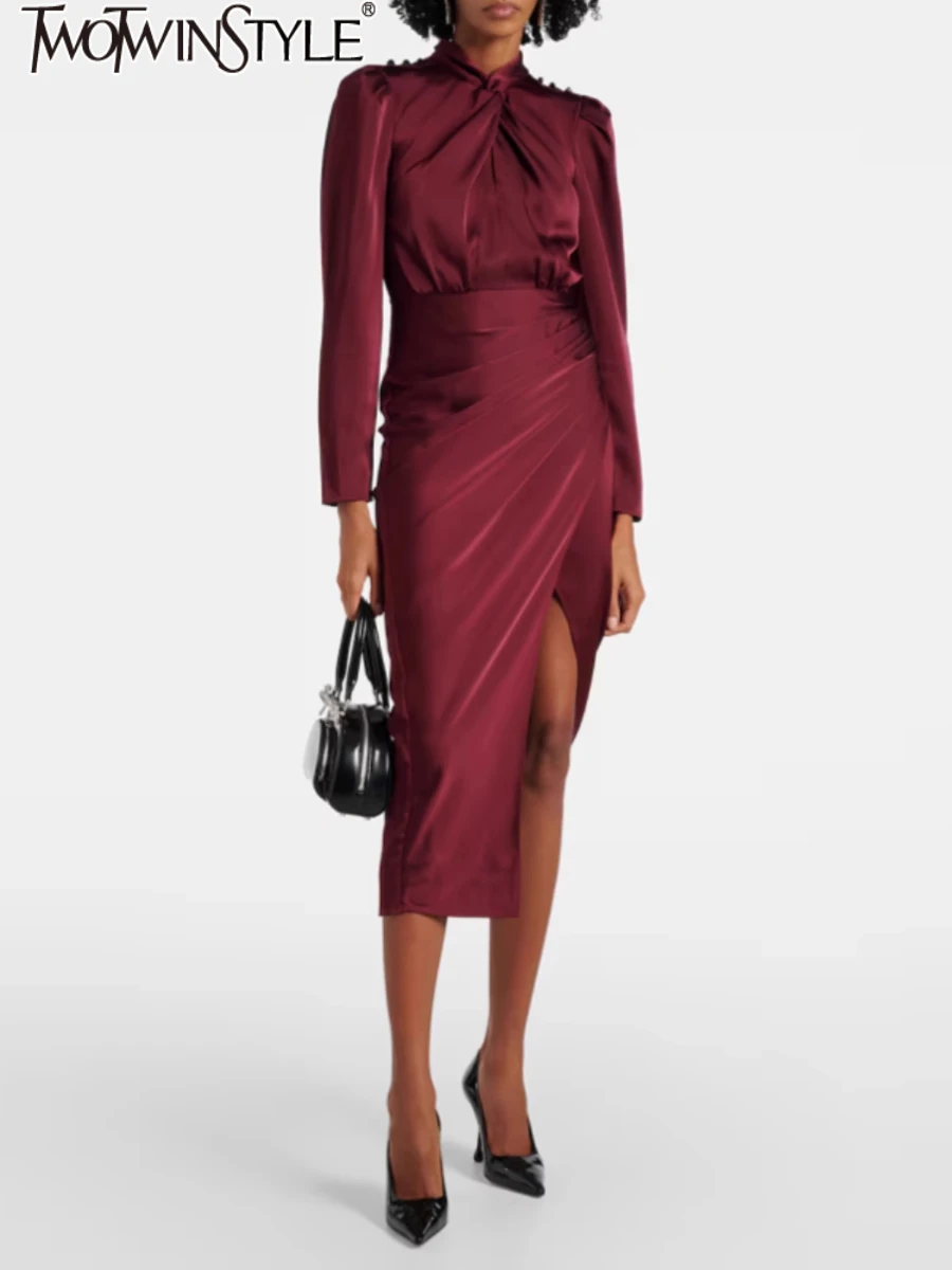 TWOTWINSTYLE Solid Slimming Elegant Dresses for Women Round Neck Long Sleeves Patchwork Folds Split Dress Female Clothing New