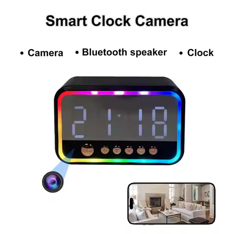 4K Clock Camera with Bluetooth Speaker, WiFi, Motion Detection, App Control, Alarm & Temp Display – Ideal for Indoor Use
