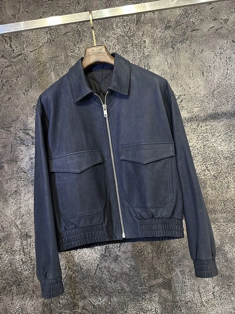 Veste en cuir véritable pour hommes, Streetwear, automne hiver, col rabattu, doublure rembourrée, haute qualité, décontractée, ample, manteau court en peau de chèvre