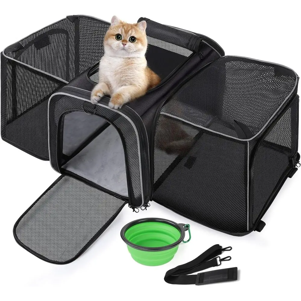 

Расширяемая большая дышащая сетчатая сумка-переноска для животных с плечевым ремнем и миской, идеально подходит для собак и кошек, черная