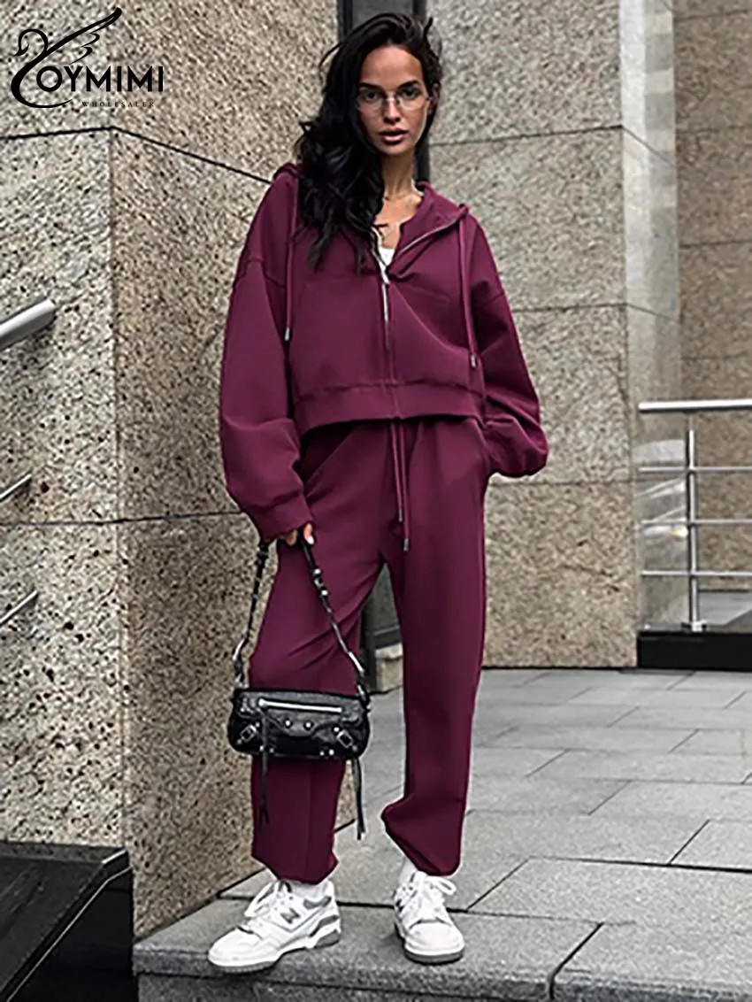 Oymimi Fashion Deep Purple Red Sets Womens 2 Piece Casual Hooded Collar Long Sleeve Zipper Shirts And Drawstring Trousers Sets