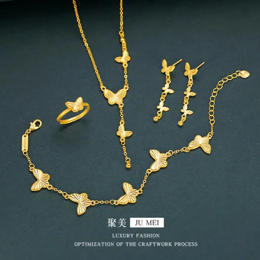 Fylia Jewelry   Luxury 24K 9999 Pure Gold real gold Gold store three butterfly necklace bracelet ring suit for girlfriend birthd