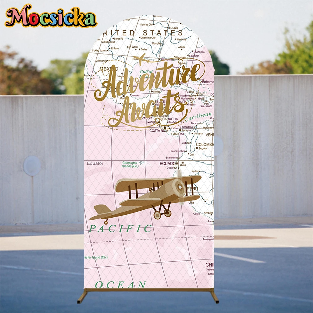 Mocsicka Global Adventure Arch يغطي خلفية عيد ميلاد مقوسة خلفية الوردي خريطة طائرة السفر ديكور الزفاف حفلة التصوير الفوتوغرافي #3