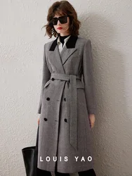 LOUIS YAO 2024 Winter Style Commuting Contrasting Color Splicing Lapel Long Coat Thick Women's Cotton Jacket