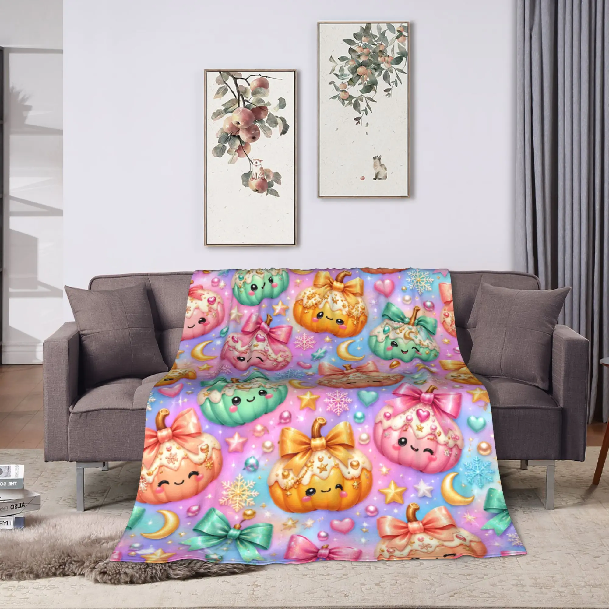 1pc Rainbow Sky Cartoon Xiaolongbao Bowknot themed Blankets  Soft Warm Graphic Plush Throw Blanket Flannel Bedspread Bed Cover