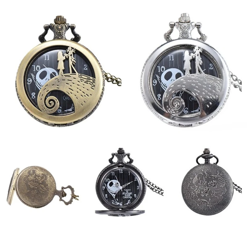 

The Nightmare Before Christmas Pocket Watch Jack Horror Retro Figure Hollow Out Jewelry Digital Pointer Quartz Watch Couple Gift