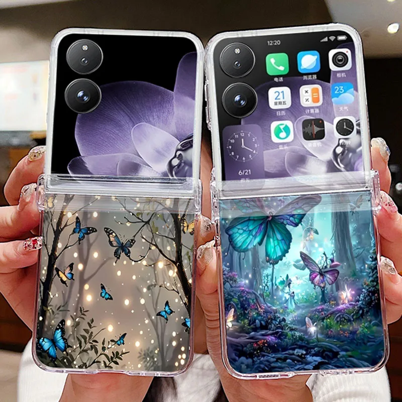 Handyhülle mit Waldschmetterlingsmuster für Xiaomi Mix Flip 2, stoßfest, faltbar, transparent, hart, PC, transparente Abdeckung für Mi Mix Flip