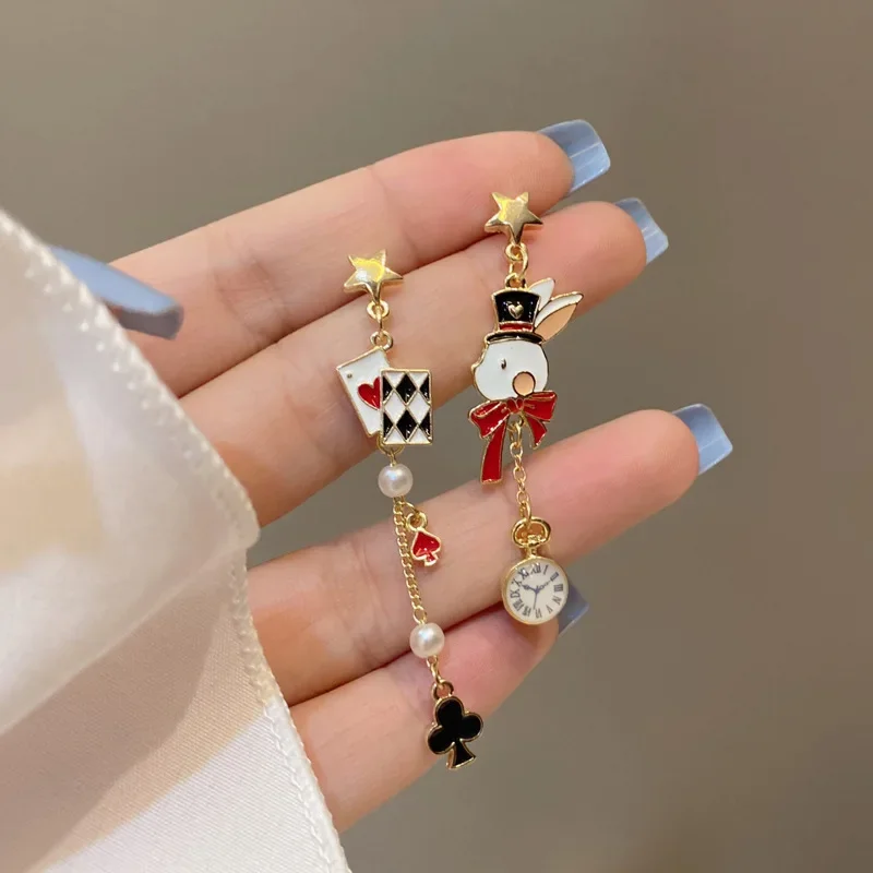 Self Designed S925 Needle Personality Funny Poker Earrings Cute Alice In Wonderland Little Rabbit Asymmetric Drop Earrings