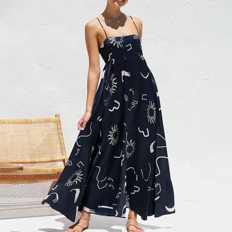 

Women's Elegant Satin Printed Back Folded Long Dress 2024 New Summer Ladies Holiday Style Maxi Robe