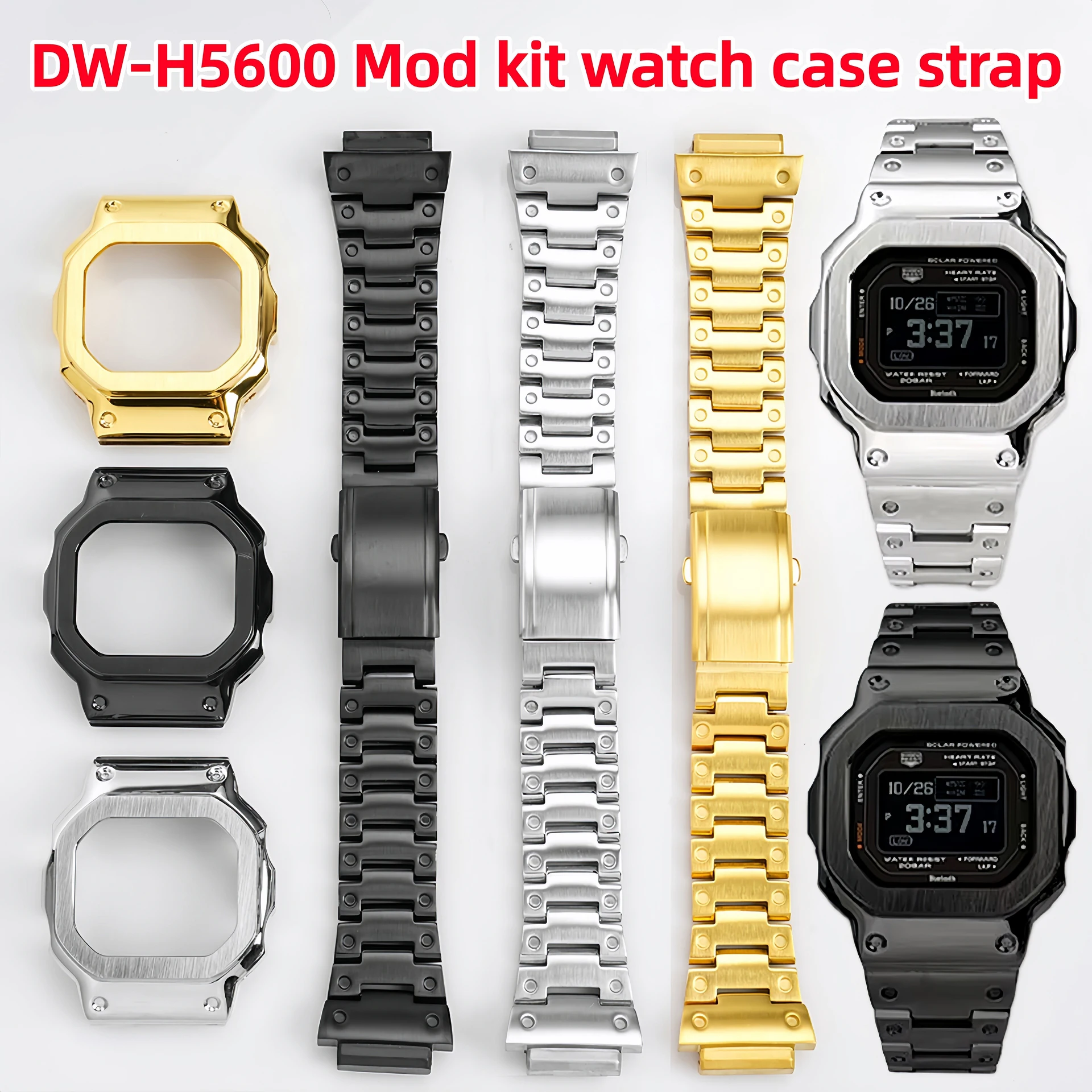 

DW-H5600 Корпус с ремешком из нержавеющей стали для Casio 3516 DW H5600 Мужские модифицированные металлические часы Безель браслет Серебро Золото Черный