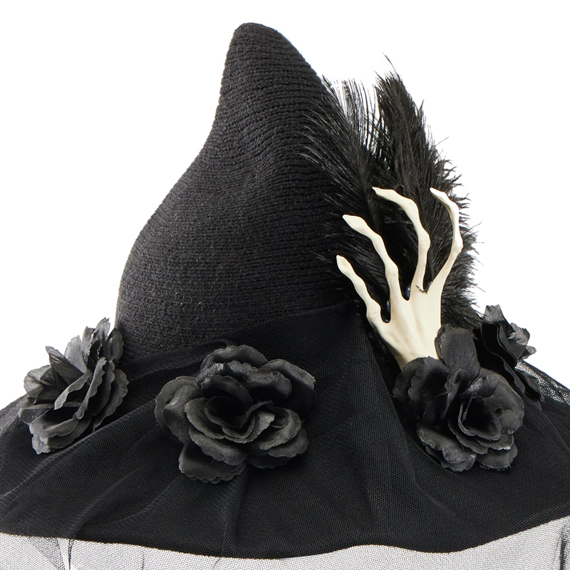 Handmade Witch Hat Lolita Gothic Retro Black Rose Skeleton Hand Wizard Hat with Veil Halloween Party Costumes Hats