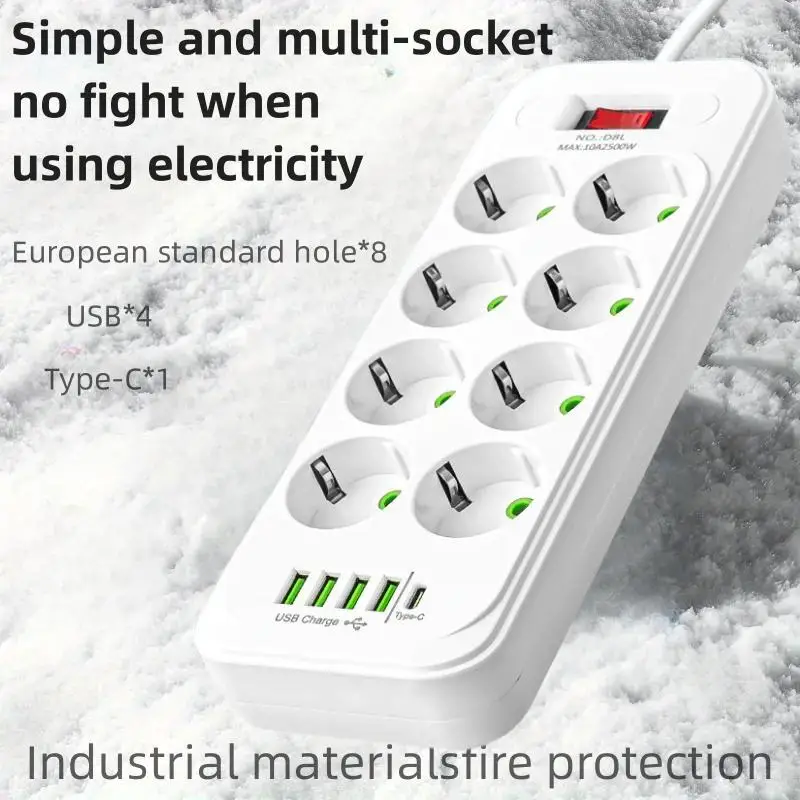 European style plug multi contact AC socket power board with 4 USB ports and 1 Type-C port extension cord socket surge protector