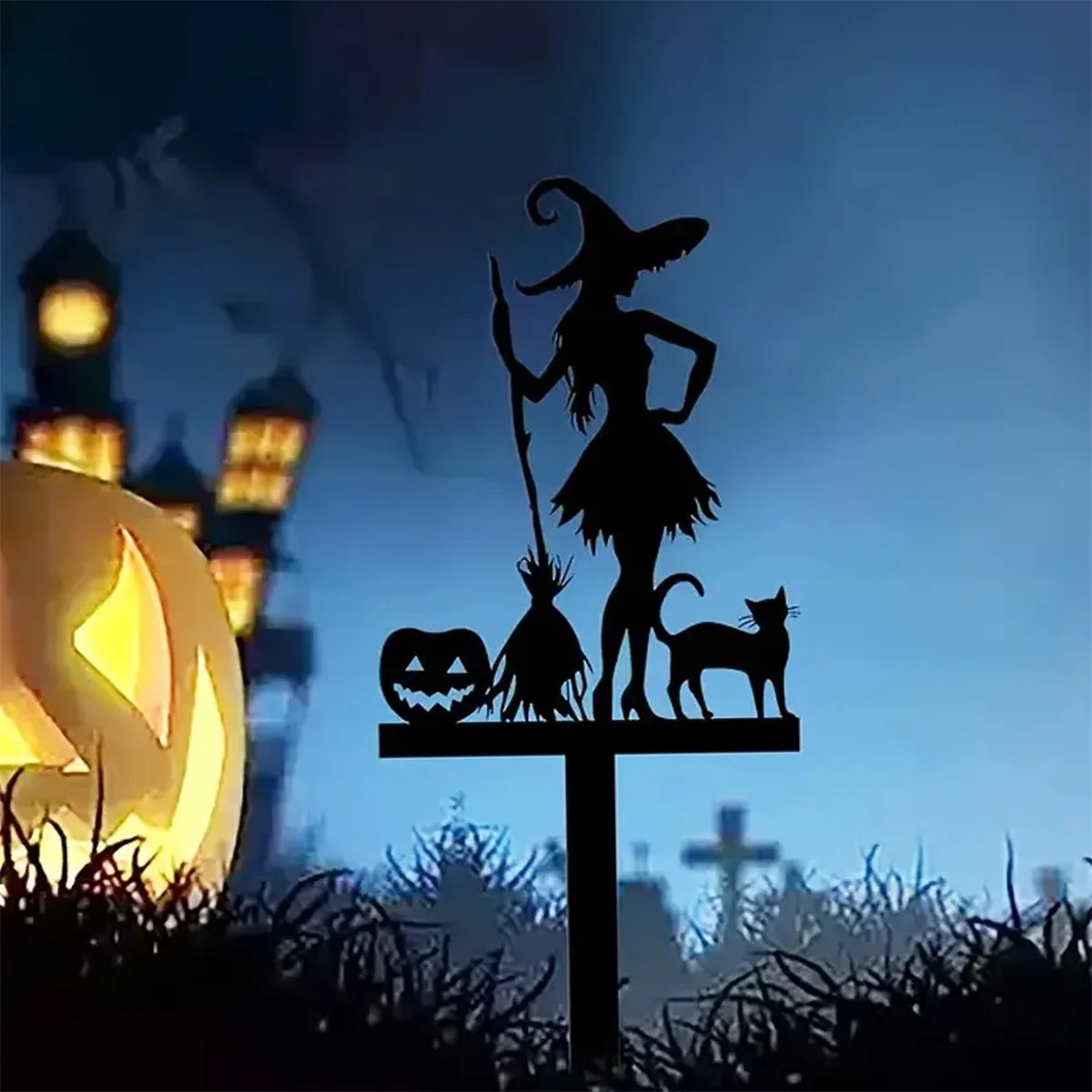 2D 1pc Black Cat - Spooky Outdoor Yard Decoration, Heavy-Duty Lawn Decor Halloween Witch  Metal Garden Stake with Pumpkin