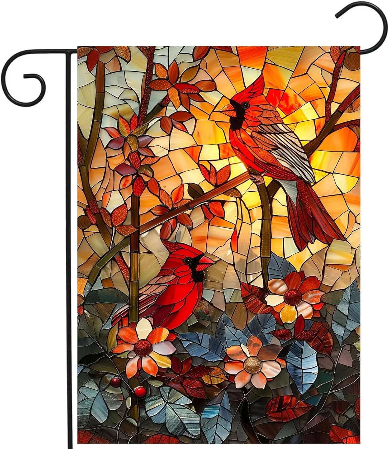 Stained Glass Cardinal Red Birds Garden Flag Spring Summer Yard Flag Fall Floral Decorative Flags for Outside 12x18 Double Sided