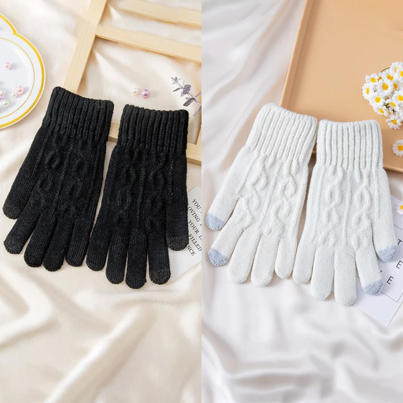 Guantes cálidos y gruesos de punto para pantalla táctil para mujer versátiles de invierno