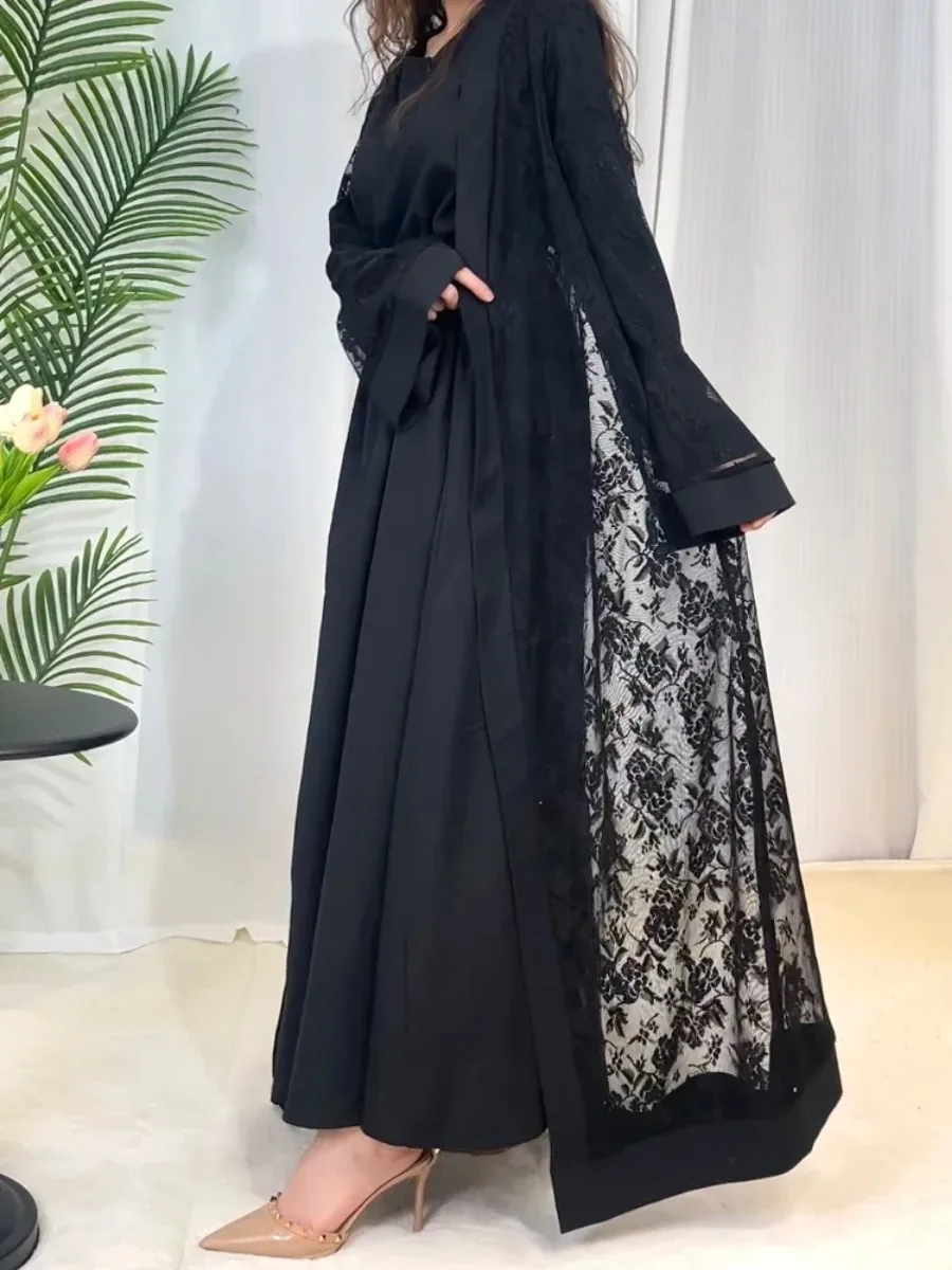 Dubai Women Eid Muslim Lace Abaya Inner Dress Set 2 Piece Kaftan Islam Arab Long Robe Vestidos Morocco Flowers Abayas Long Robe