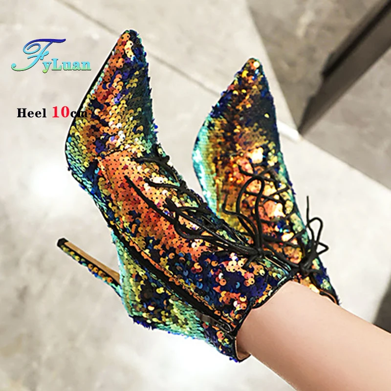 

2025 Autumn Winter Pointed Toe Women's Ankle Boots Sequins Side Zipper High Heel Short Boots Fashion Sexy Party Wedding Shoes