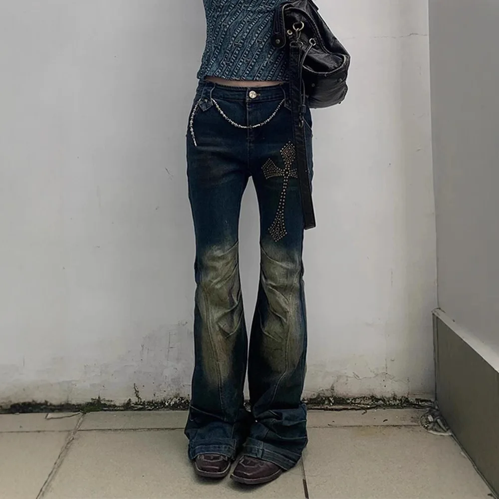 Pantalones vaqueros Vintage americanos Y2k Millennial, ropa de calle Punk Grunge, Pantalones ajustados con corte de bota, Pantalones góticos Harajuku que combinan con todo