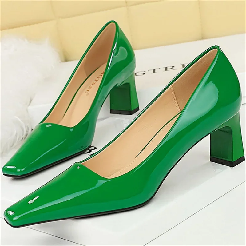 Women 6cm High Heels Pumps Lady Square Toe Glossy Patent Leather Block Low Heels Girl Green Blue Nude Wine Red Quality Shoes