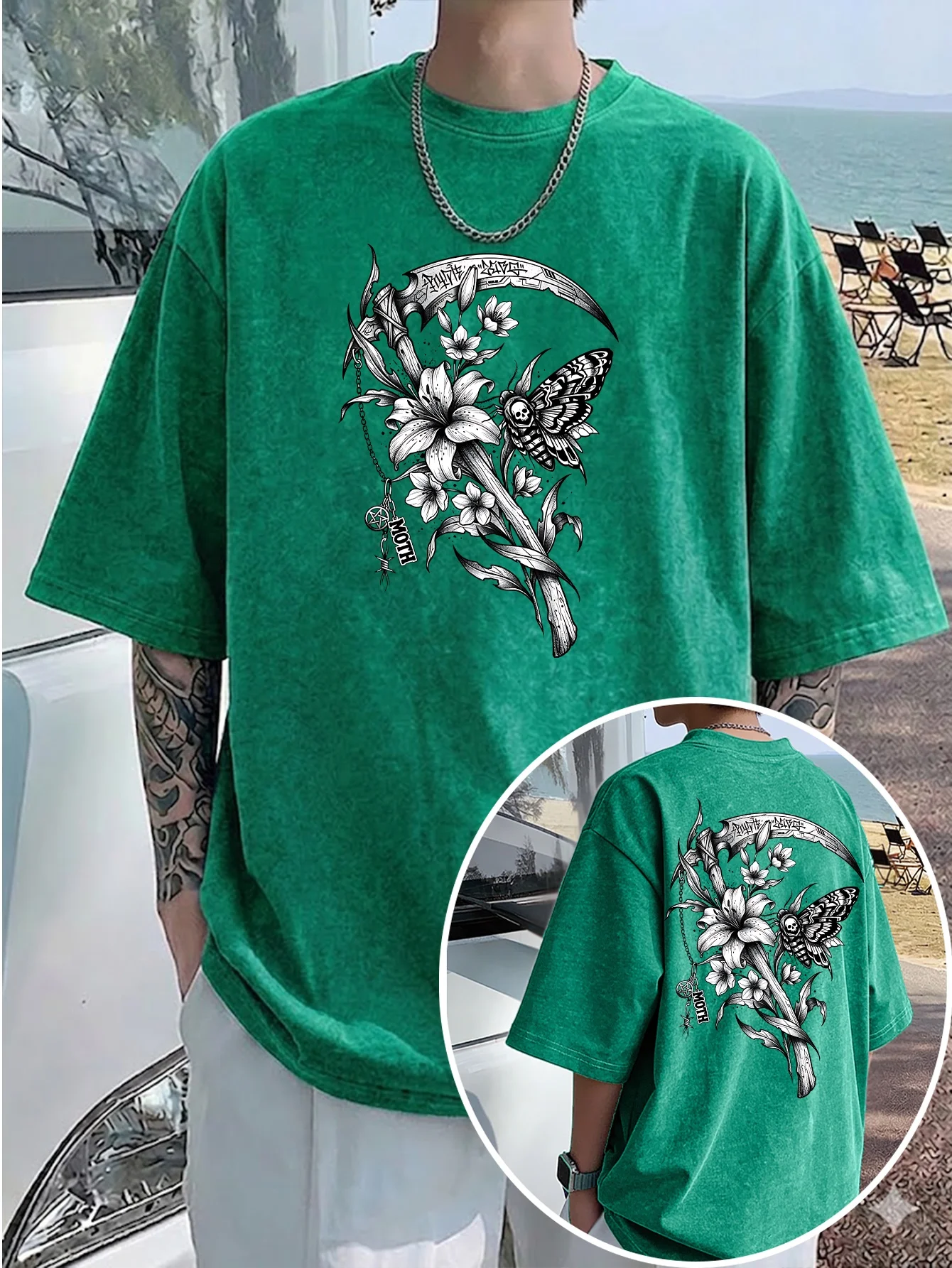 Men Double Sided Washed Cotton T-shirt, Dark Scythe Flower Tattoo Black White Art, Loose Comfort Gothic Street Graphic Tee S-3XL