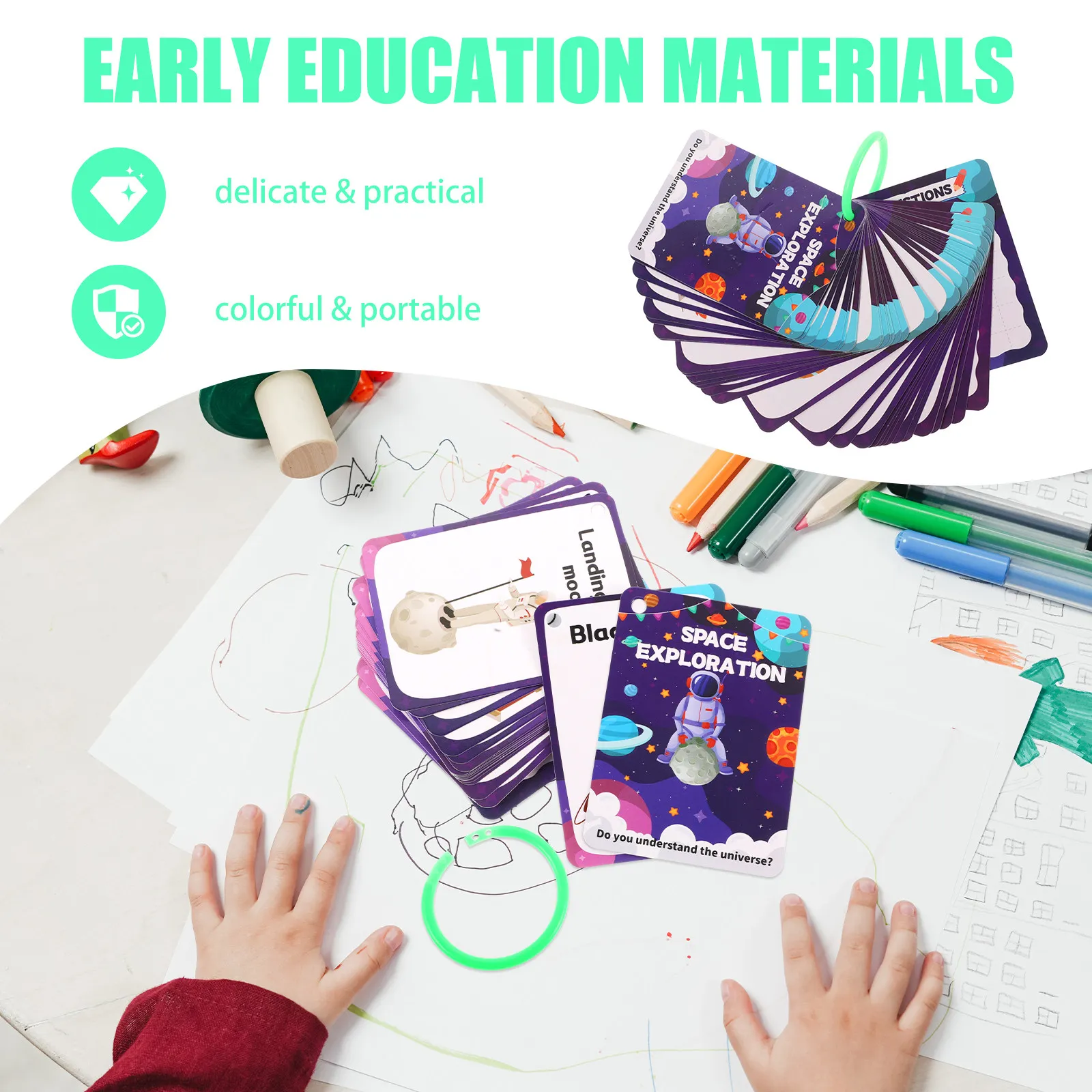 34Pcs Space Learning Cards Cartoon Flash Cards for Kids Cognitive Skill Development Portable Educational Fun