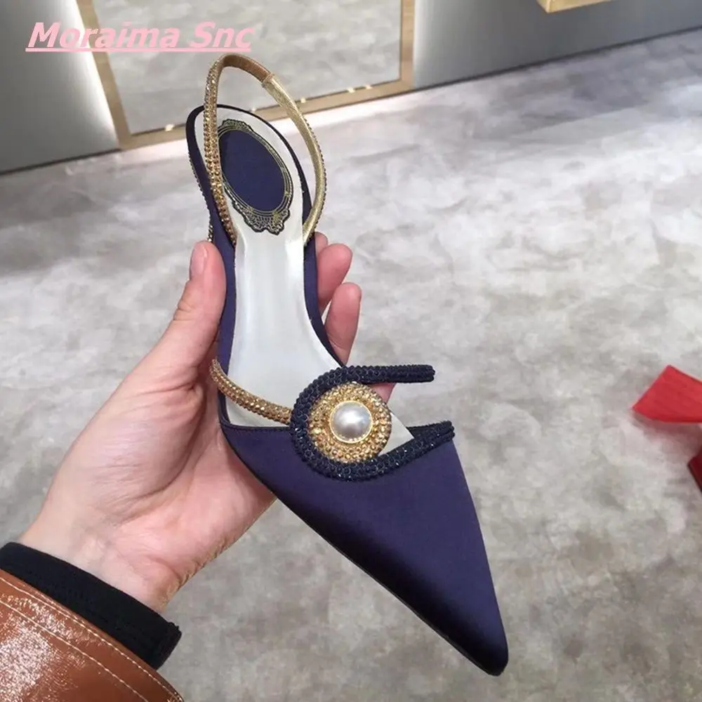 New Snake-Shaped Rhinestone Women Sandals CoverPointed Toe Stiletto Roman Fairy Pearl Back Empty Silk Summer Wedding Party Shoes