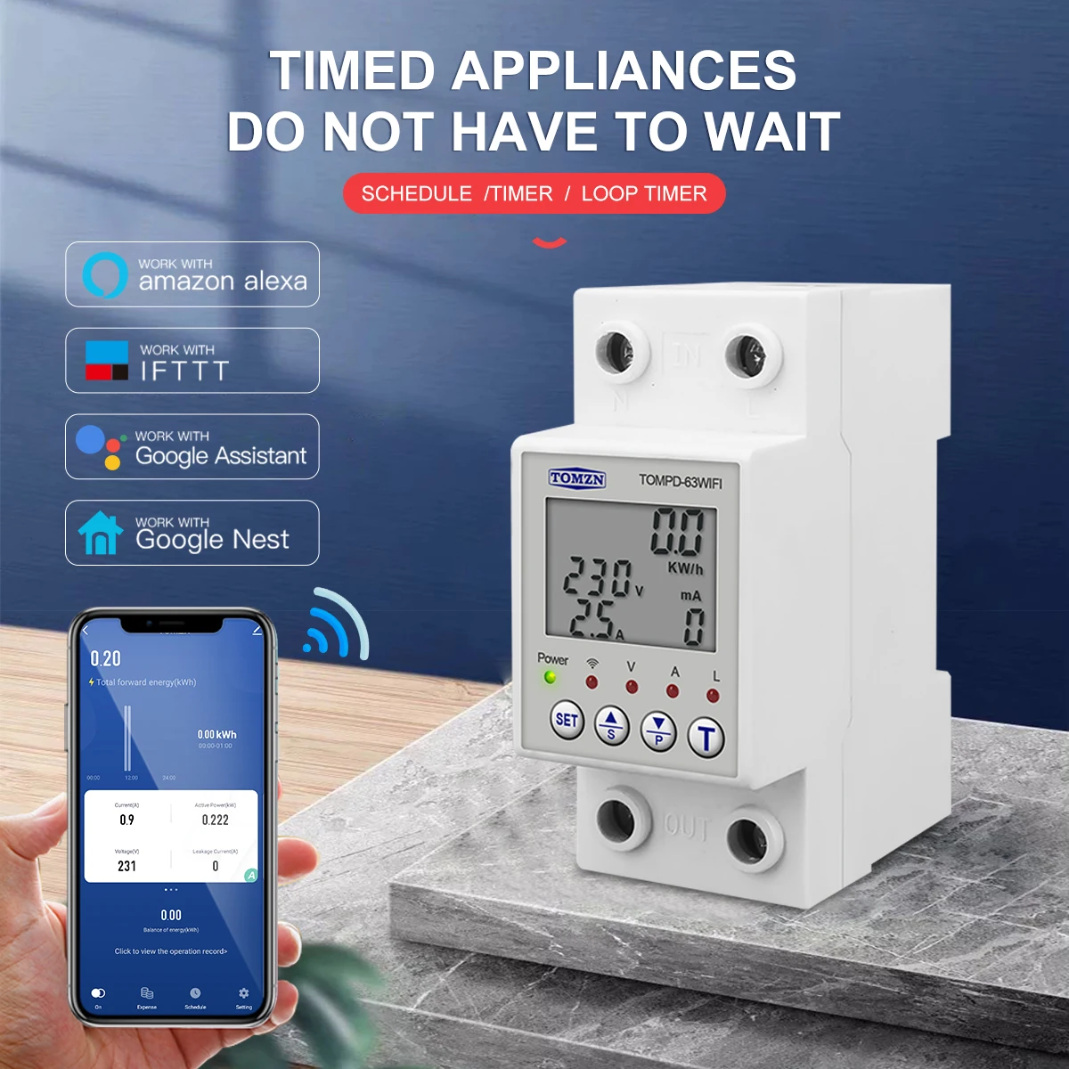 TOMZN smartlife 63A 110V 220V TUYA WIFI Interruttore automatico Contatore di energia Temporizzatore di misurazione con protezione dalle perdite di