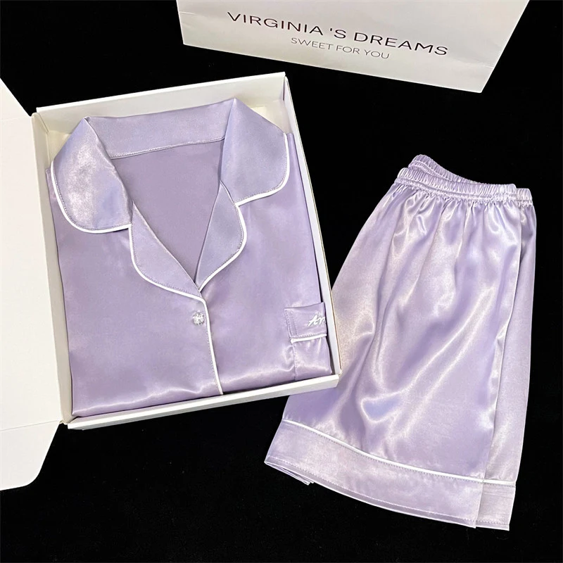 Embroidery Solid Women\'s Summer Casual Pajama Set 2024 New Y2k Fashion Purple Nightwear Classic Soft Simulated Silk Housewear