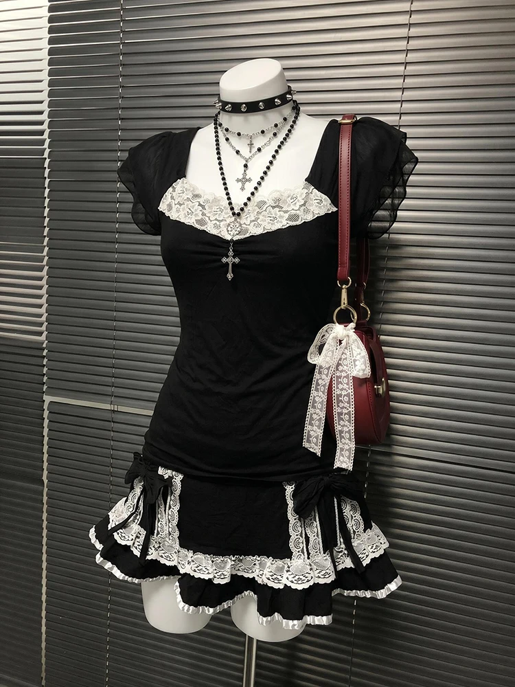 Black Lace Splice Short Sleeve T-Shirt Waist Inward Top Y2K Millennium Girl Style Summer Cotton Blend Sweet Fit Casual Wear