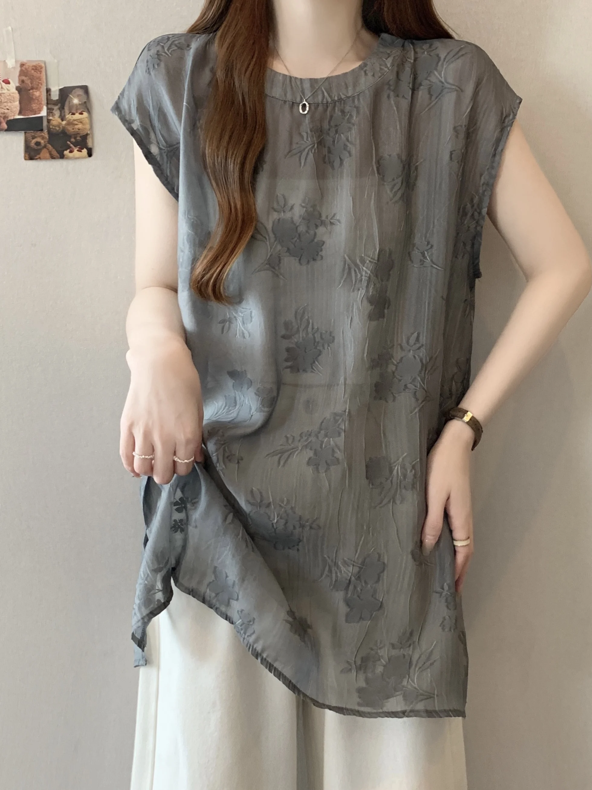 Floral Print Short Sleeve Chiffon Shirt Women's Summer Thin Large Size Flattering Slimming Midi Length Butt Covering Top Semi...