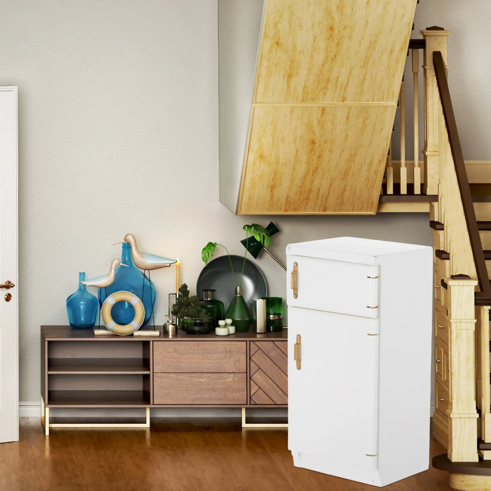 

Mini Kitchen White Refrigerator 1:12 Scale Wooden Scene Playhouse Accessory Miniature Furniture for Decor Boys Girls
