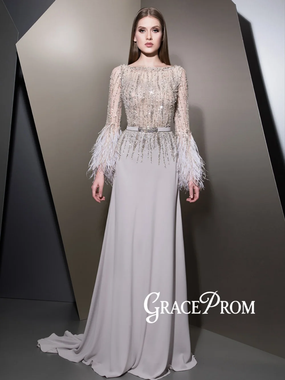 

Feathered Long Sleeve Elegant Evening Dress Modern Oneck Satin Mother Of The Bride Dresses For Wedding Customized Stylish Gown