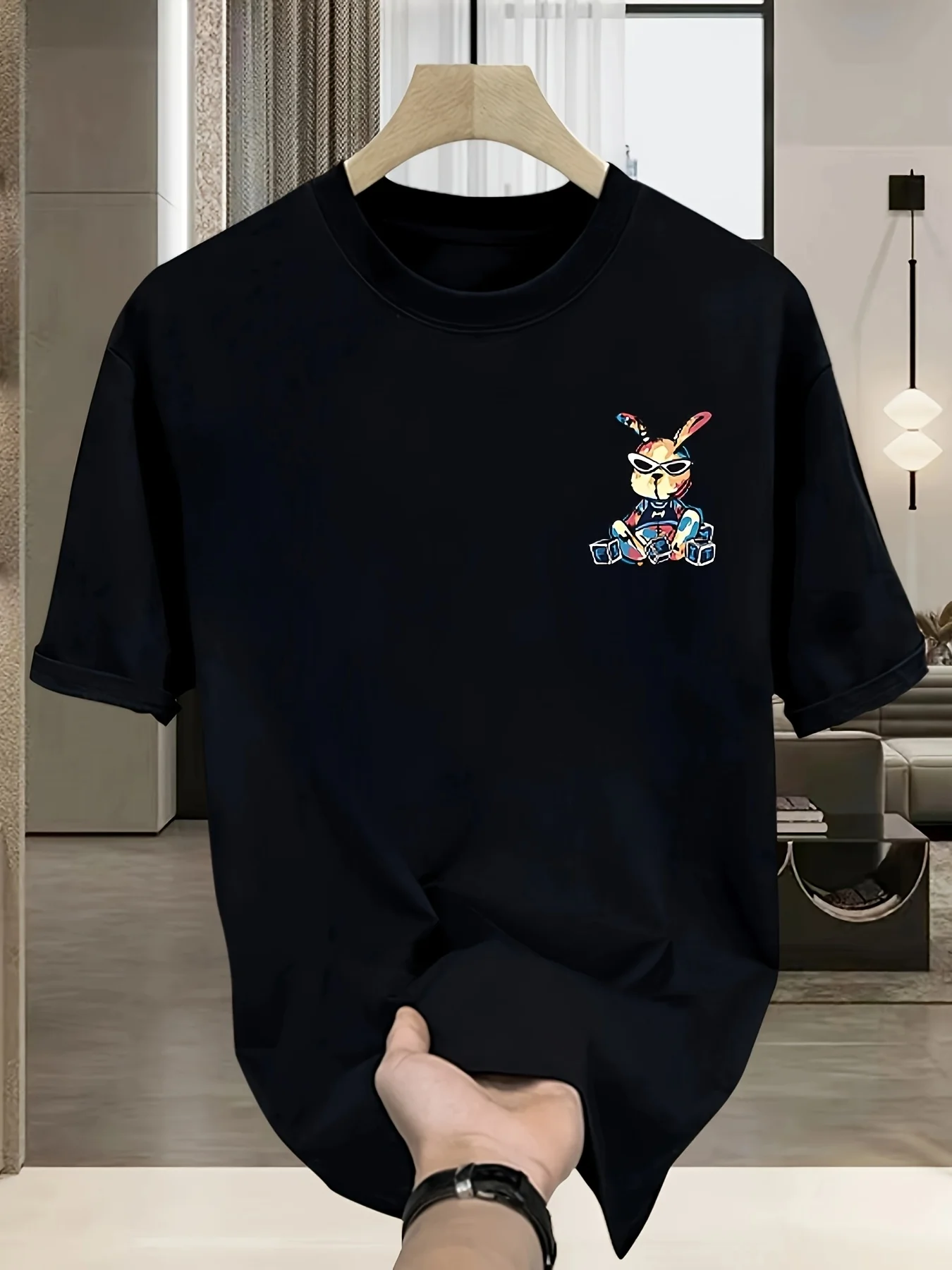 Men's summer 100% pure cotton fashionable casual loose black rabbit cartoon pattern printed round neck short sleeved T-shirt top image 3