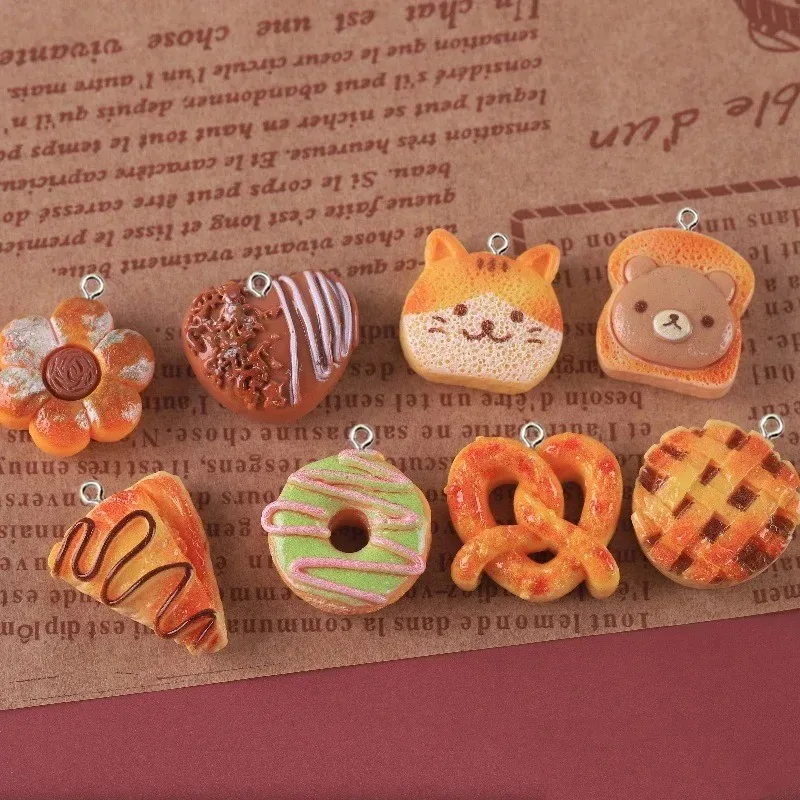 10 Pieces Cute Fake Food Resin Pendants Toast Donut Bread Cake Charms Cat Bear Design Findings For Handmade Keychain Jewelry
