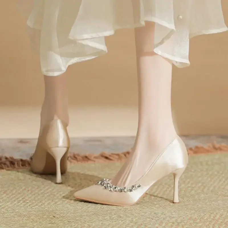 Size 31-44 2026 New Pointed Stiletto Heels Pearls Women White Wedding Shoes Bridesmaid Rhinestone Pumps Shoes Luxury Heels