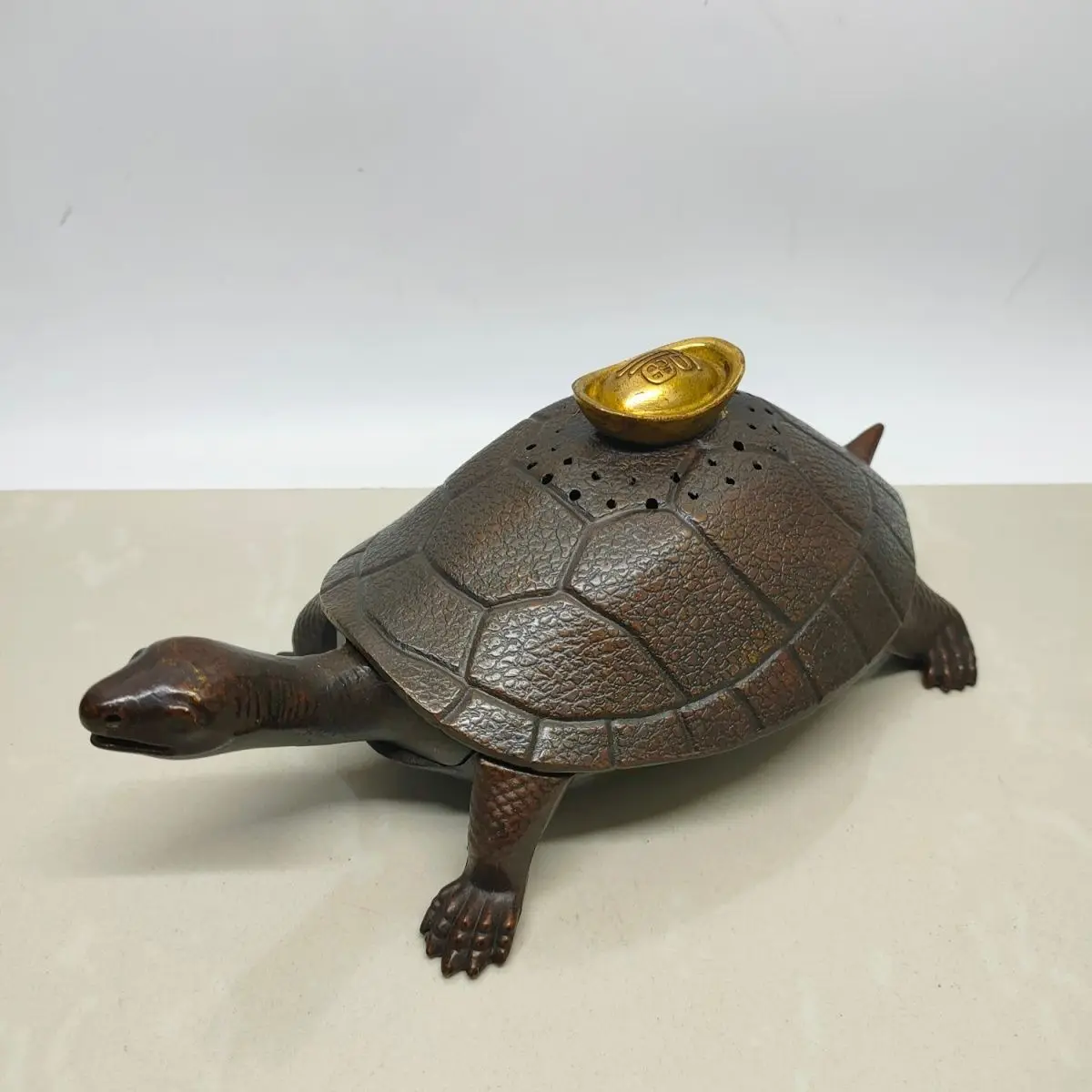 Gilt Brass Longevity Turtle Ornament, Coin Turtle Backflow Incense Burner